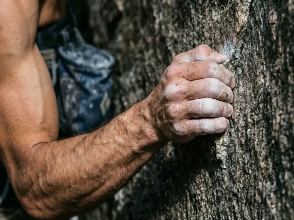 Close-up of a chalked hand crimping a thin granite edge, the crimp grip Tommy Caldwell relied on