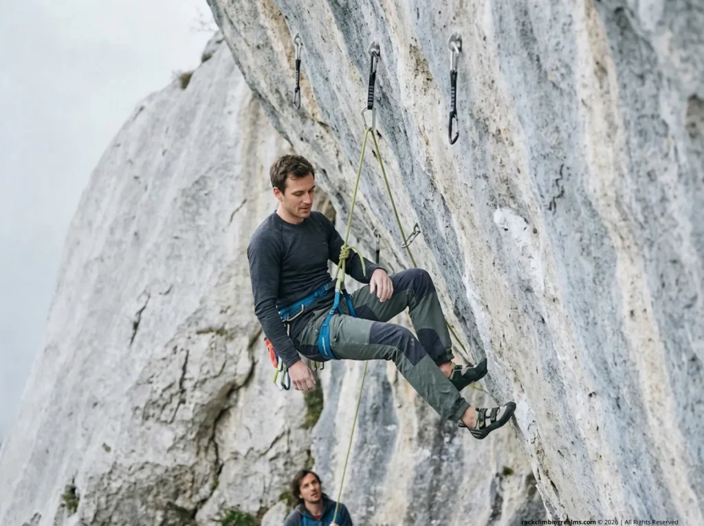 Lead climber hanging safely in harness after a soft-caught fall on a limestone sport crag  