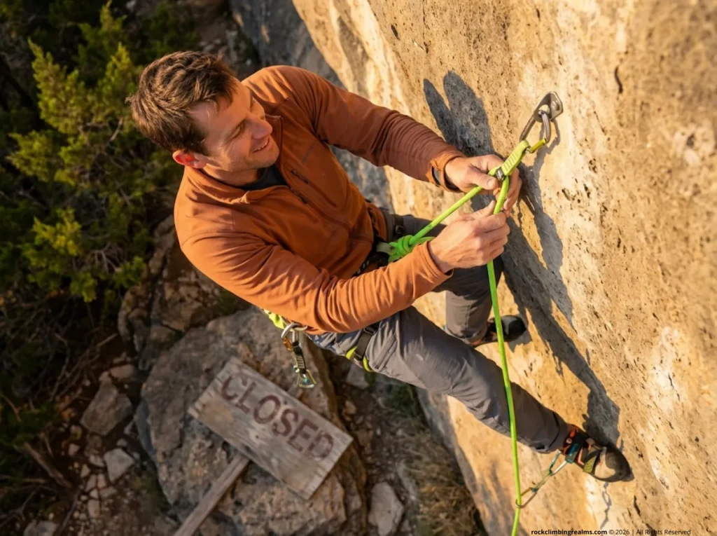 Climber leads a sport route on a Texas crag reopened through access advocacy