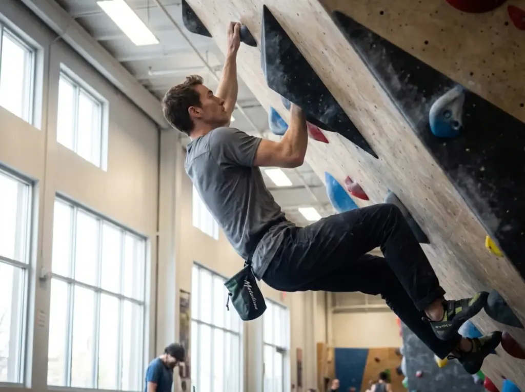 Climber hanging on overhang demonstrating muscle imbalance and rounded shoulder posture