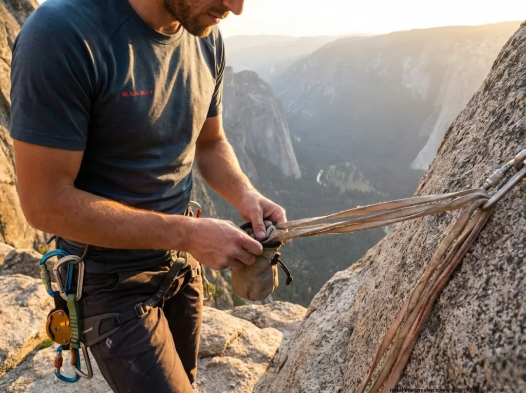 Climber removing old tat slings from a wilderness rappel anchor — LNT fixed anchor maintenance at the crag