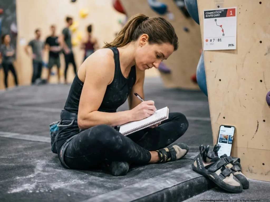 Female climber setting training goals for a local climbing competition with a notebook at a bouldering gym