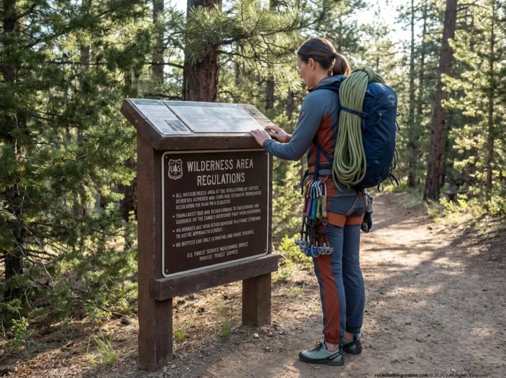 Climber reading wilderness regulations sign before climbing approach — NPS BLM USFS wilderness climbing rules