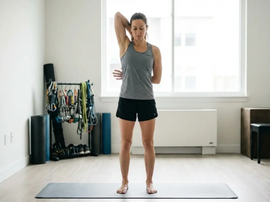 Climber performing zipper test shoulder mobility assessment for antagonist training