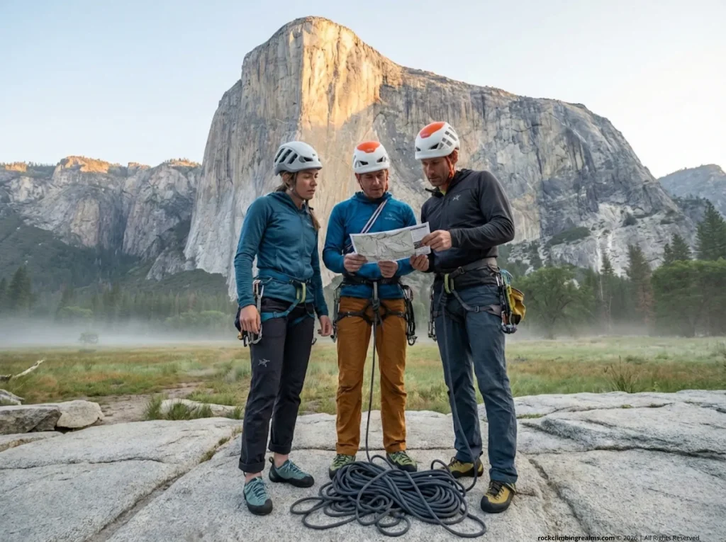 Climbers at the base of El Capitan reviewing a route — NPS fixed anchor policy impact on Yosemite climbing