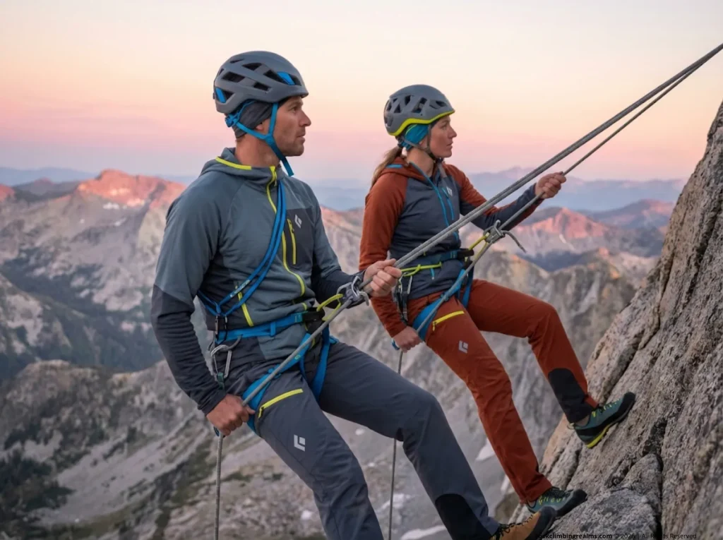 Two climbers rappelling in alpine wilderness — protecting climbing access and fixed anchor rights