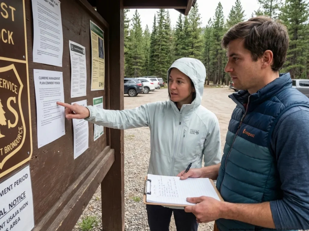 Two climbers reviewing a climbing management plan notice at a Forest Service kiosk