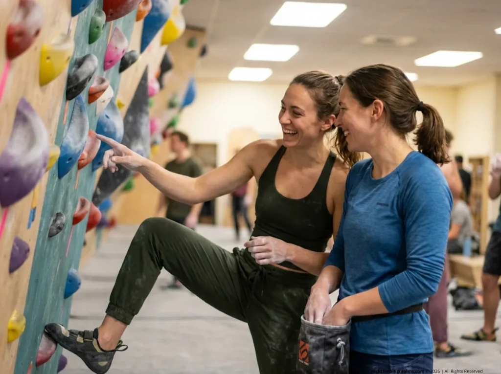 Two climbers sharing beta and building a climbing partnership at the gym