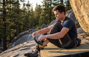 Rolled Your Ankle Climbing? The Field Fix That Works Climber removing La Sportiva shoe after ankle injury at granite bouldering crag, first aid protocol