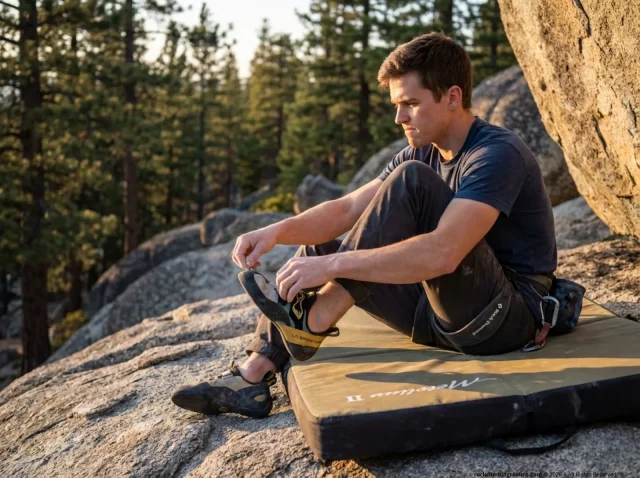 climbing-ankle-injury-shoe-removal-field-first-aid Climber removing La Sportiva shoe after ankle injury at granite bouldering crag, first aid protocol