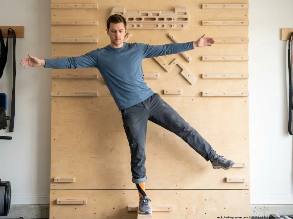 Climber performing systems board star drill single-leg balance for ankle sprain rehab, return to projecting