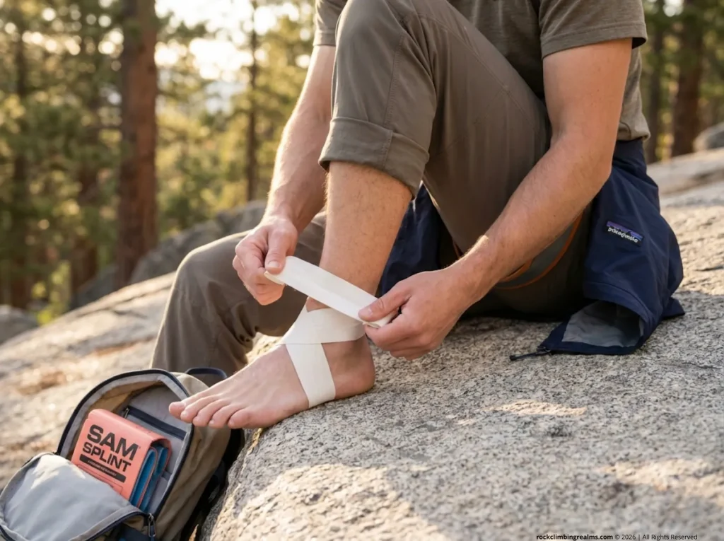Climber applying figure-8 athletic tape to rolled ankle at outdoor crag, field first aid treatment