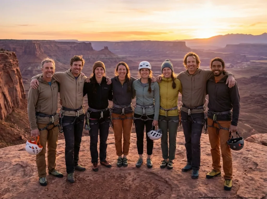 Climbing club group photo at sunset on a crag overlook after a full day of climbing