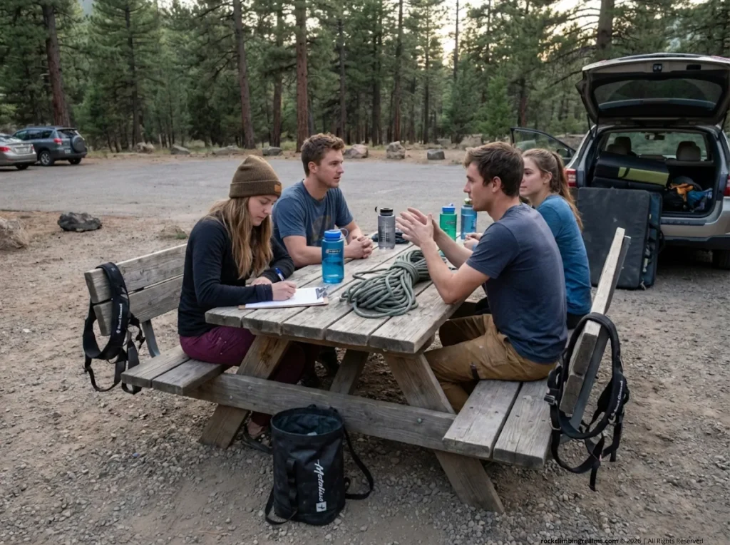 Climbing club members planning club structure around a picnic table at the crag