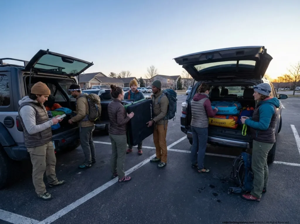 Climbing club loading crash pads and gear into cars for a weekend road trip