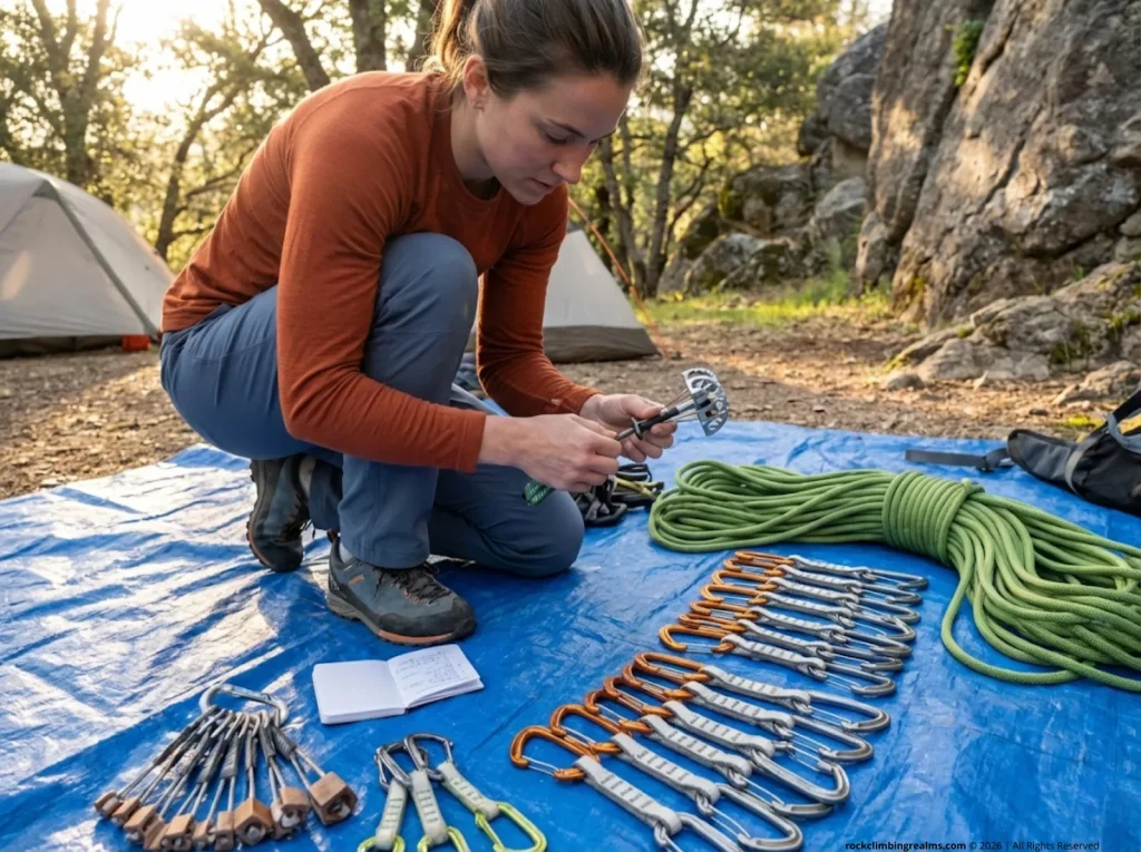 Climbing club gear steward inspecting shared cams and ropes on a gear tarp