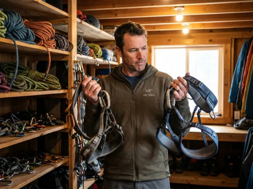Climbing guide comparing old and new harnesses for retirement decision