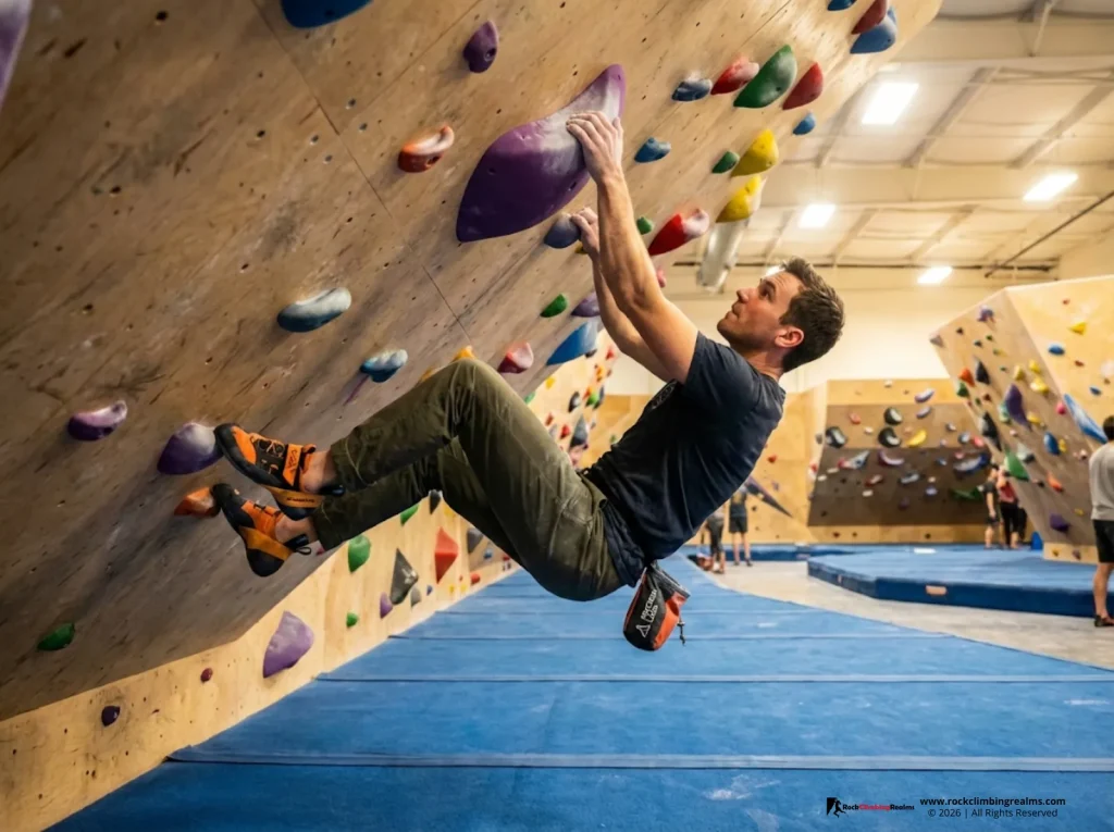 Climber on an overhanging bouldering wall demonstrating wall types in a climbing gym