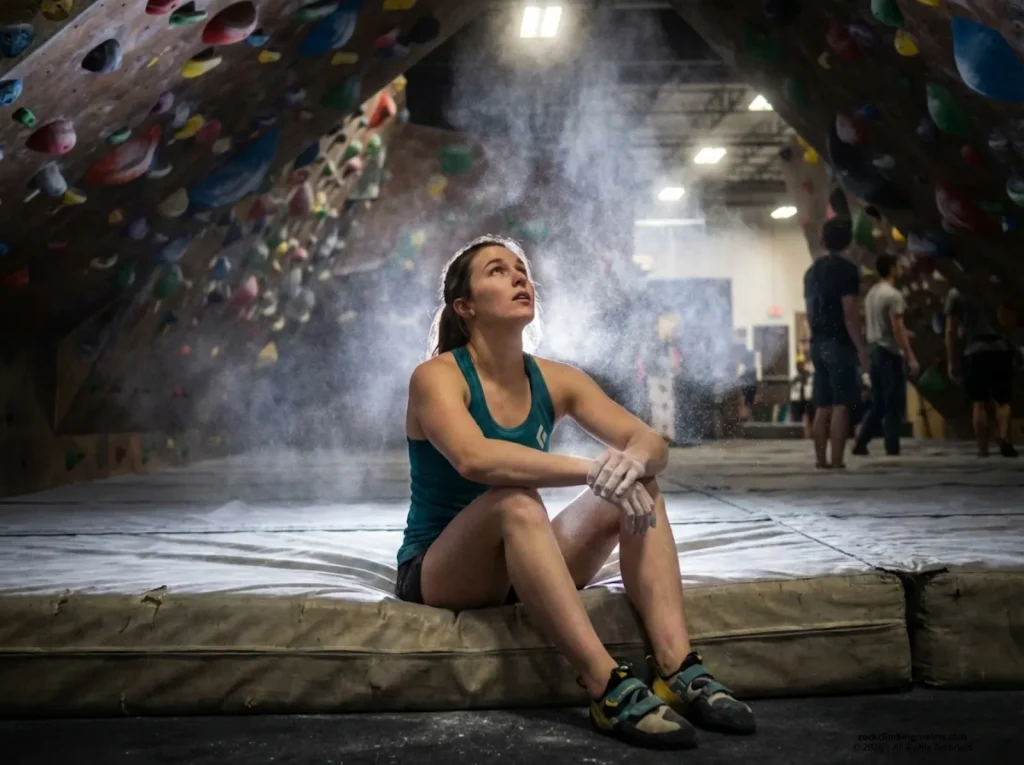 Visible chalk dust haze surrounding a climber in a bouldering cave at an indoor gym