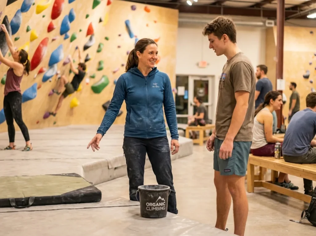 Experienced climber mentoring newcomer about gym etiquette with friendly conversation