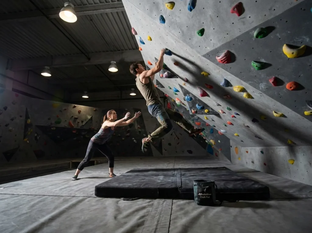 Climber falling from overhang with spotter positioned correctly in indoor gym fall zone 