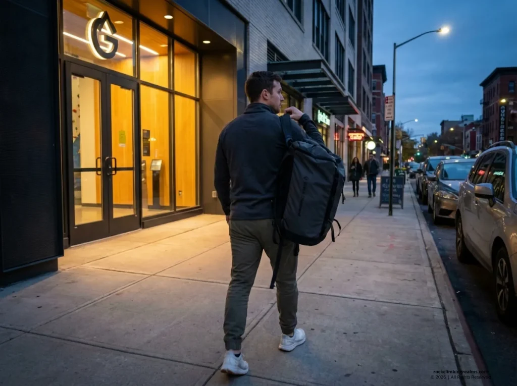 Climber walking to a neighborhood climbing gym at dusk with gear bag over shoulder