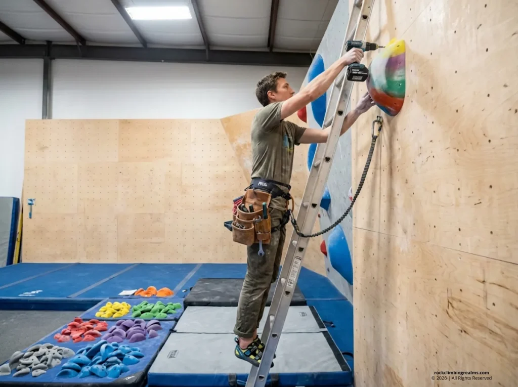 Professional routesetter bolting new climbing holds onto a gym wall during a reset