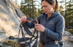 Your Climbing Harness Is Dying and You Can’t See It Climber inspecting worn climbing harness belay loop at outdoor crag