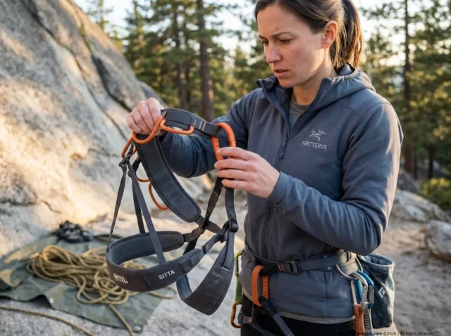 climbing-harness-inspection-belay-loop-crag Climber inspecting worn climbing harness belay loop at outdoor crag