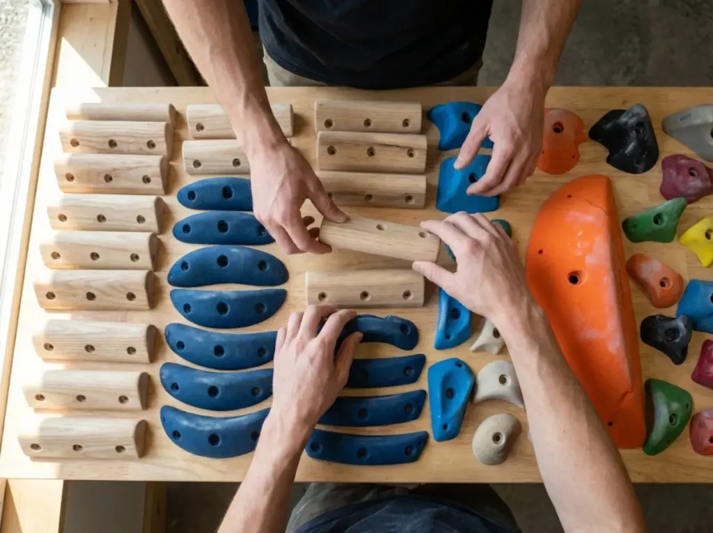 Climber sorting wooden and polyurethane climbing holds for home wall installation