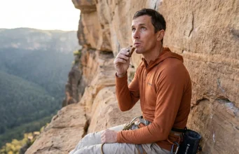 When You Eat Matters More Than What for Climbing Climber eating on a belay ledge mid-route during a multi-pitch climbing day for performance nutrition