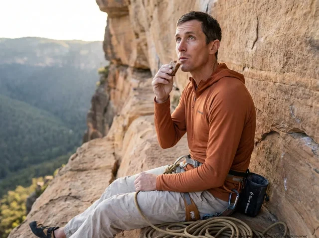climbing-nutrition-timing-hero-belay-ledge Climber eating on a belay ledge mid-route during a multi-pitch climbing day for performance nutrition