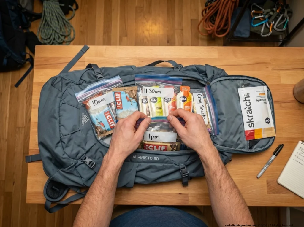 Climber preparing and labeling nutrition snack bags the night before an all-day climbing trip