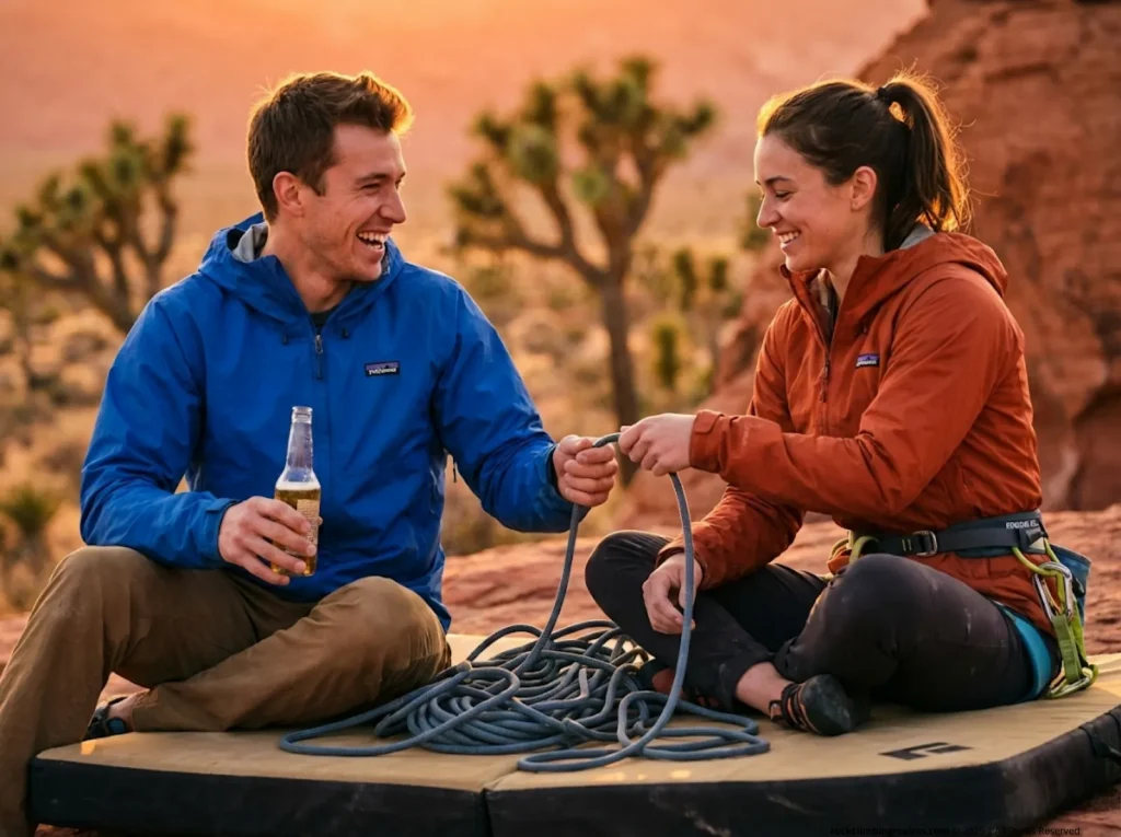 Two climbers sharing a beer and coiling ropes at a desert crag at golden hour, Patagonia jackets, end-of-day climbing session