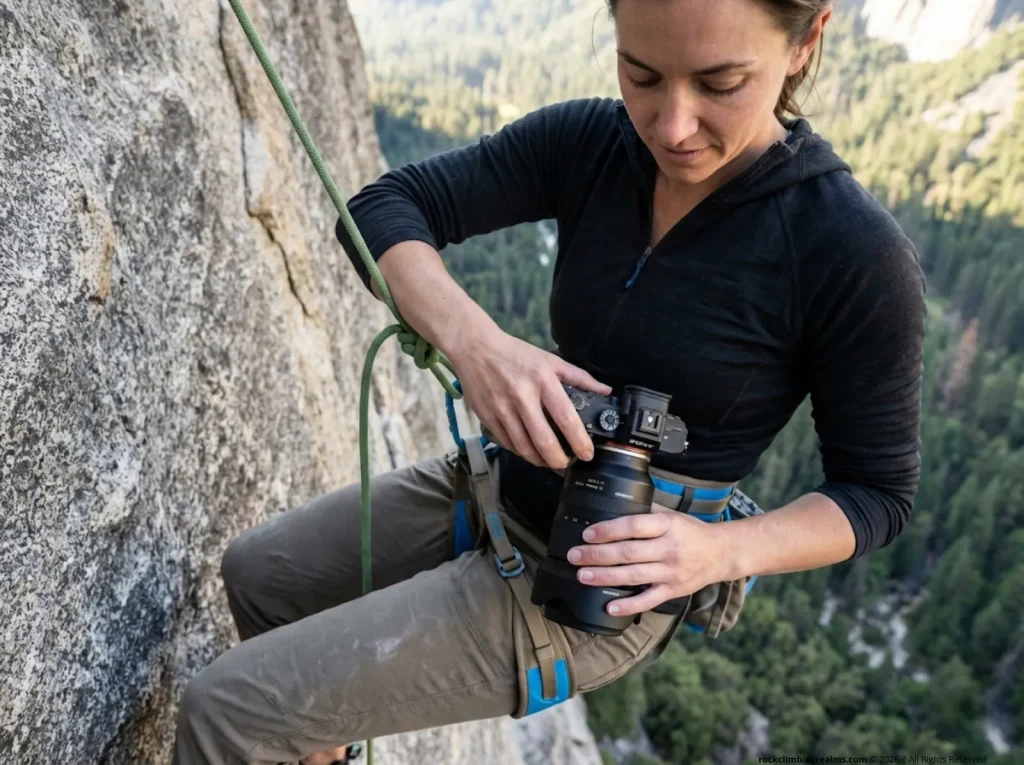 Female climbing photographer attaching Tamron lens to camera in hip harness while hanging on static line on granite wall