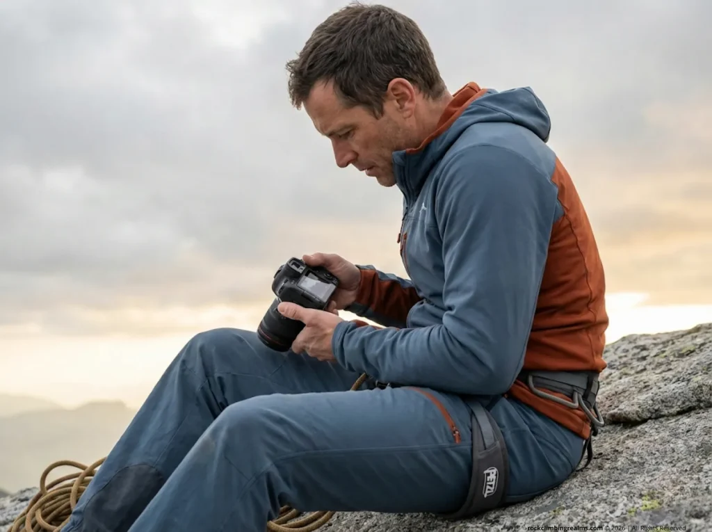 Climber reviewing climbing photos on camera screen on granite ledge under optimal overcast lighting conditions