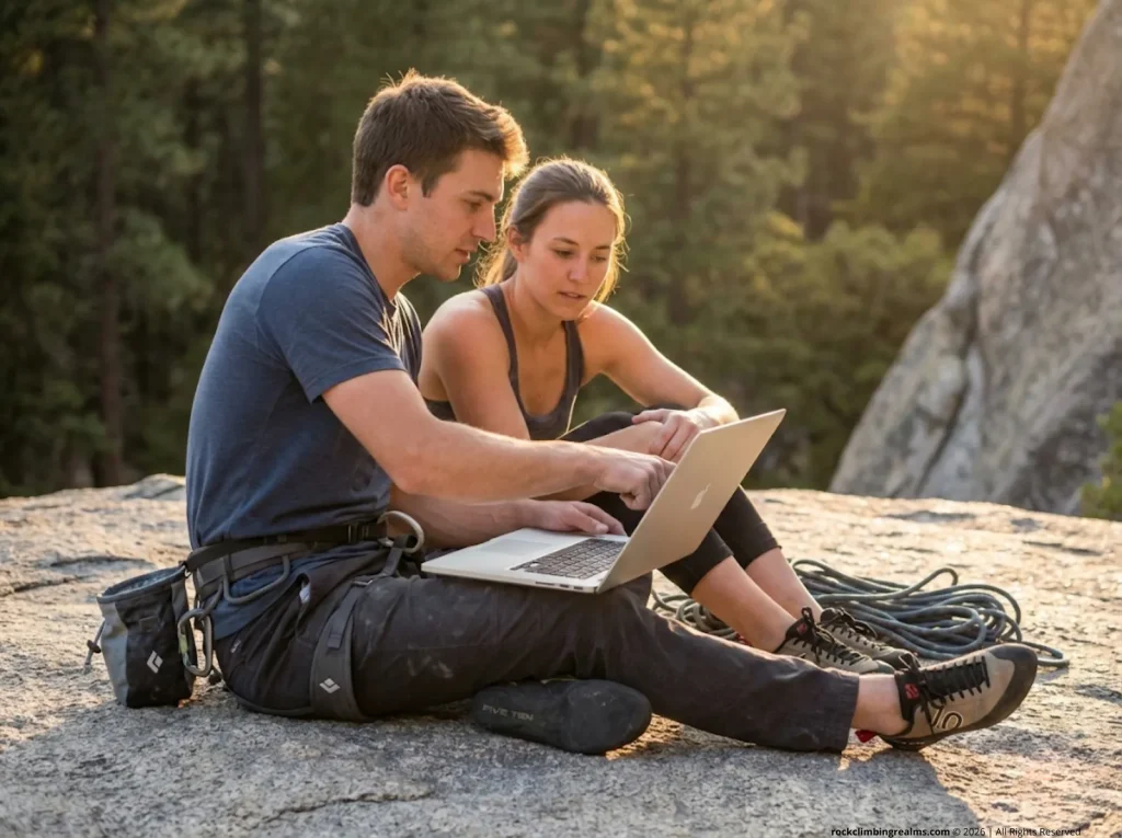 Two climbers reviewing overhead climbing photos on laptop at crag base — using climbing photography for technique analysis