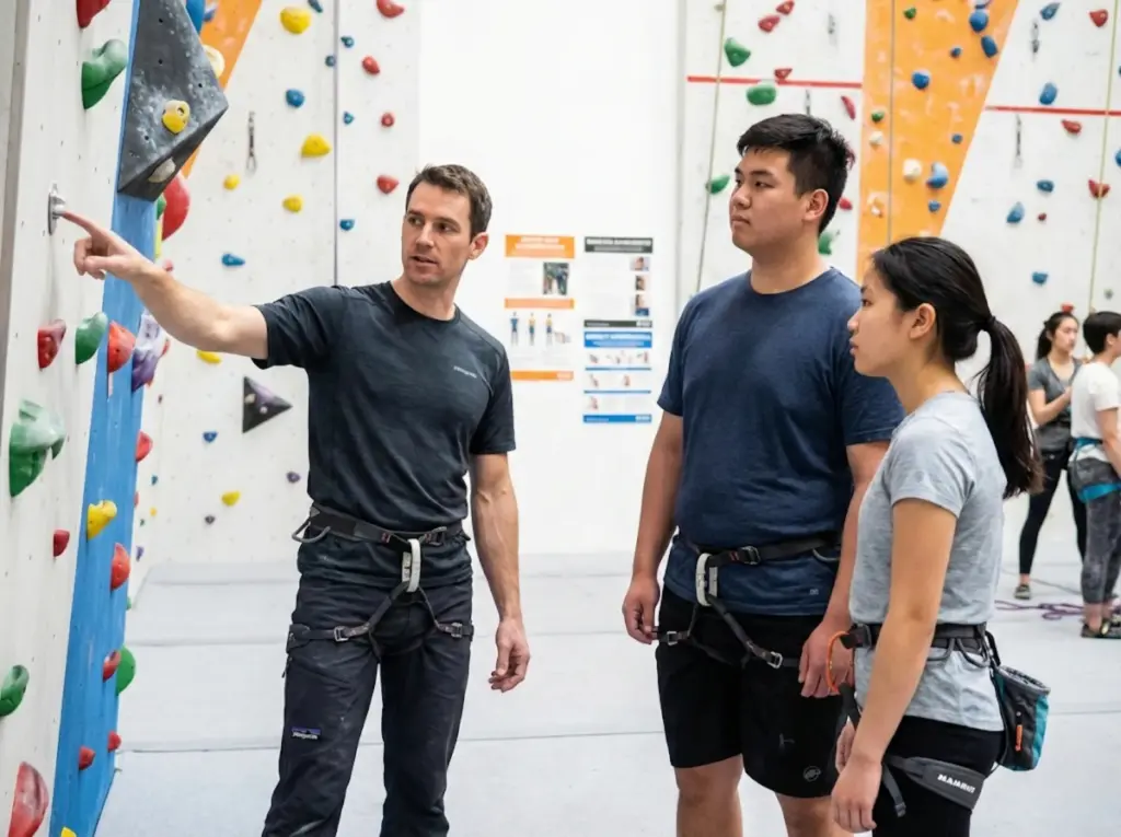 Climbing instructor teaching weight differential safety protocols to student pair in gym