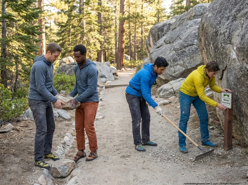 Climber volunteers rebuilding an eroded crag approach trail on a stewardship day