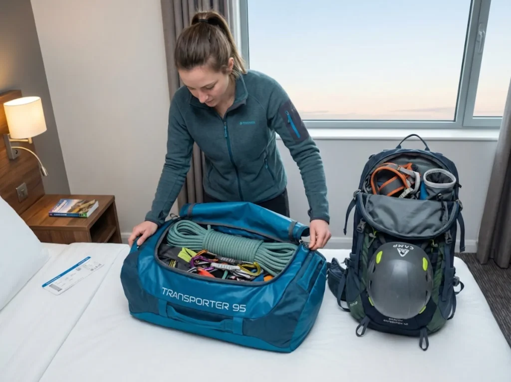 Climber packing climbing rope and gear into duffel bag for airport travel