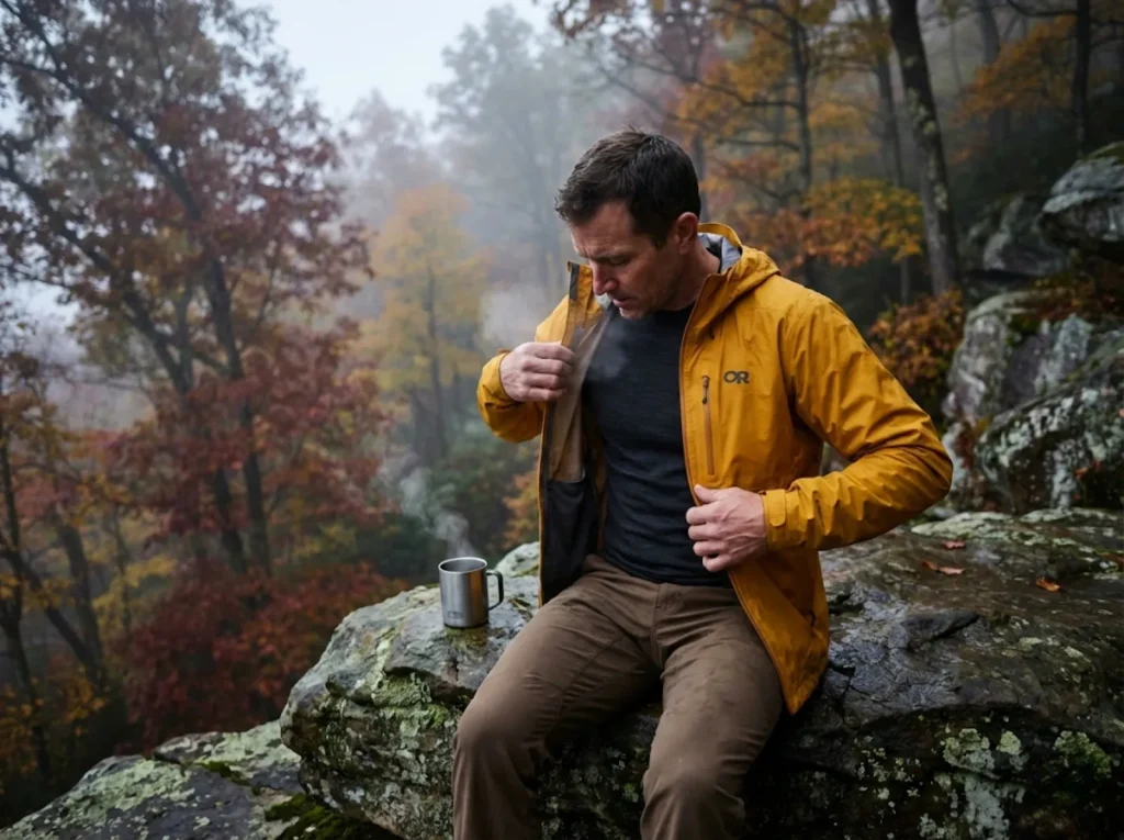 Climber layering a rain shell over merino base layer at a misty crag in autumn