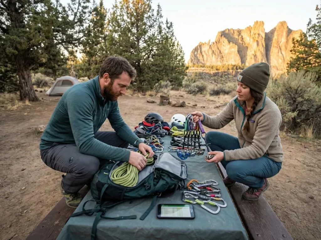 Two climbing partners coordinating gear packing at a campsite picnic table