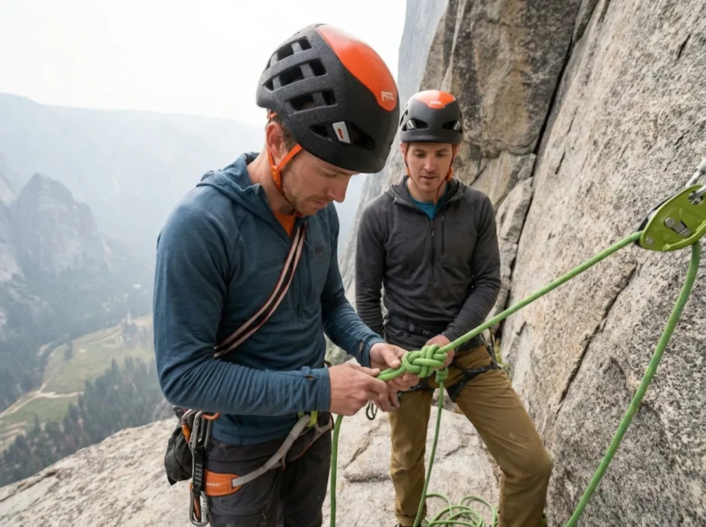 Climber checking safety knot with helmet and harness on a multi-pitch belay ledge