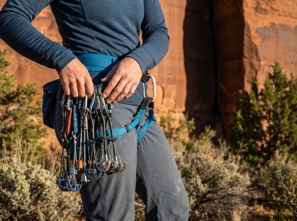 Trad climber racking cams and nuts onto harness gear loops at Indian Creek Utah