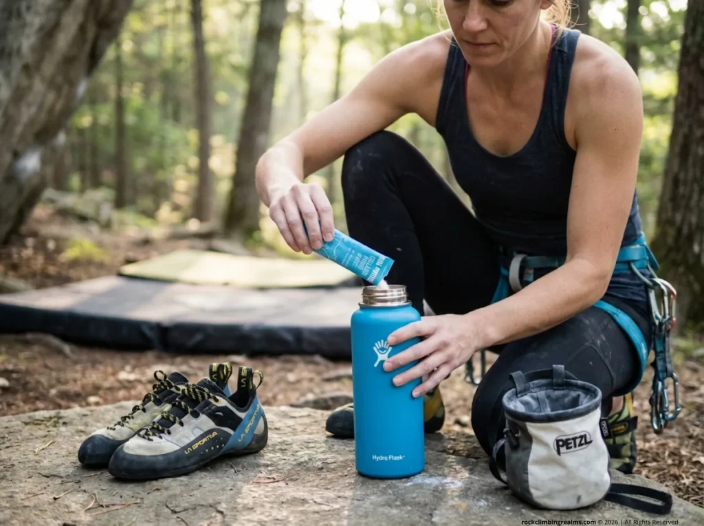 Climber mixing collagen supplement before bouldering session for finger tendon health and injury prevention