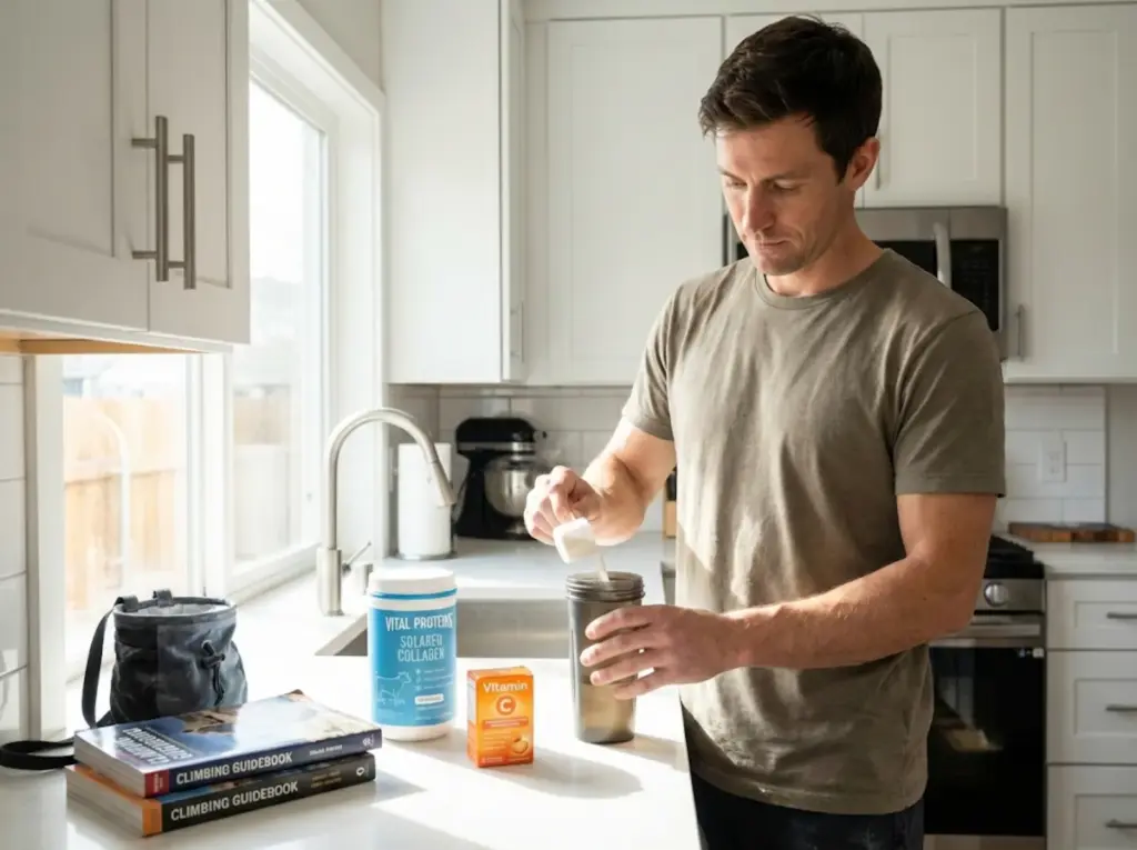 Climber preparing collagen and vitamin C supplement drink for tendon healing