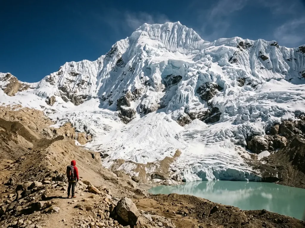 Glaciated Cordillera Blanca peak with seracs and open crevasses above a climber, illustrating the high-altitude ban