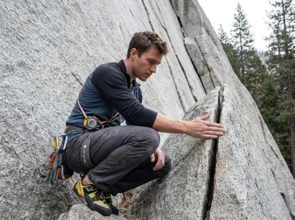 Climber measuring crack width with hand against granite wall in Yosemite to assess jam size