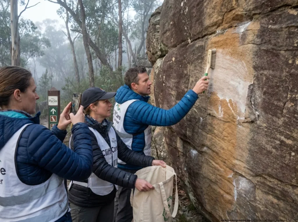 Volunteer cleanup crew removing chalk from boulders at Grampians National Park Australia