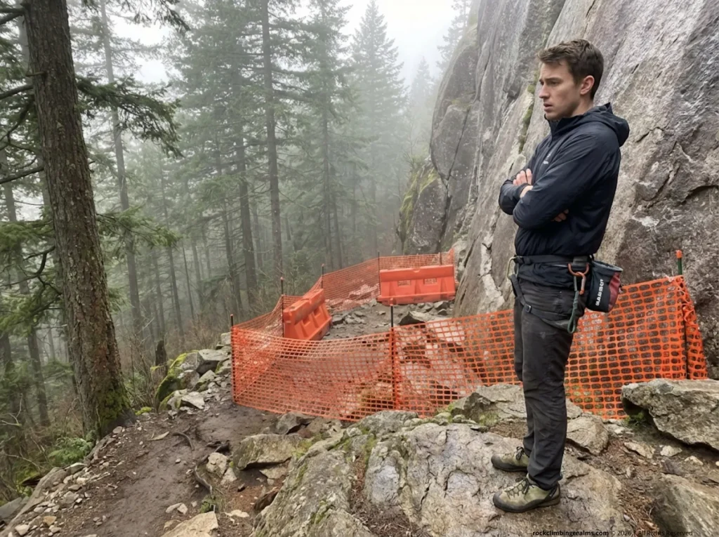 Climber surveys construction barriers blocking access to a granite crag